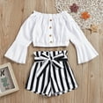 thumbnail image 2 of Odeerbi Toddler Two-piece Set Infant Girls Stripe Outfits Cropped Tops Flared Trousers Baby Clothes Ruffle Off Shoulder Tops Shorts Kids Outfits White, 2 of 9