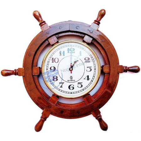 Wooden Ship Wheel Clock - Rim Clock - 18 Inches - (White Roman Dial - 8")