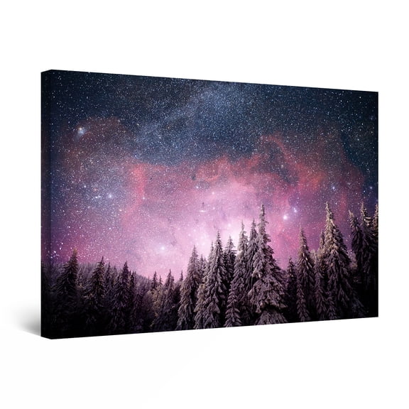 Startonight Canvas Wall Art Abstract - Starry Purple Sky over Fir Trees Painting - Artwork Print for Bedroom 24" x 36"