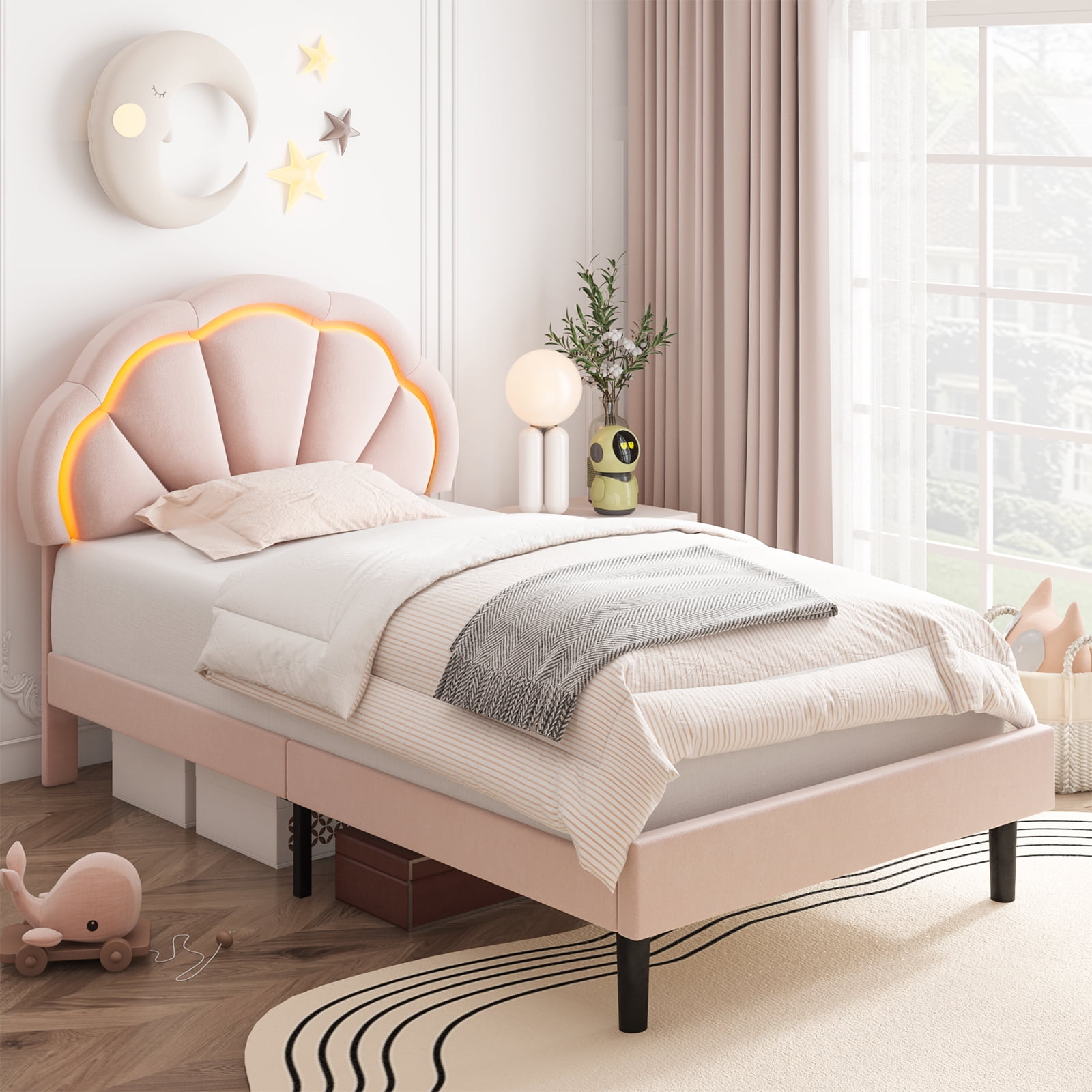 Homfa LED Bed Frame, Twin Size Velvet Upholstered Platform Bed with ...