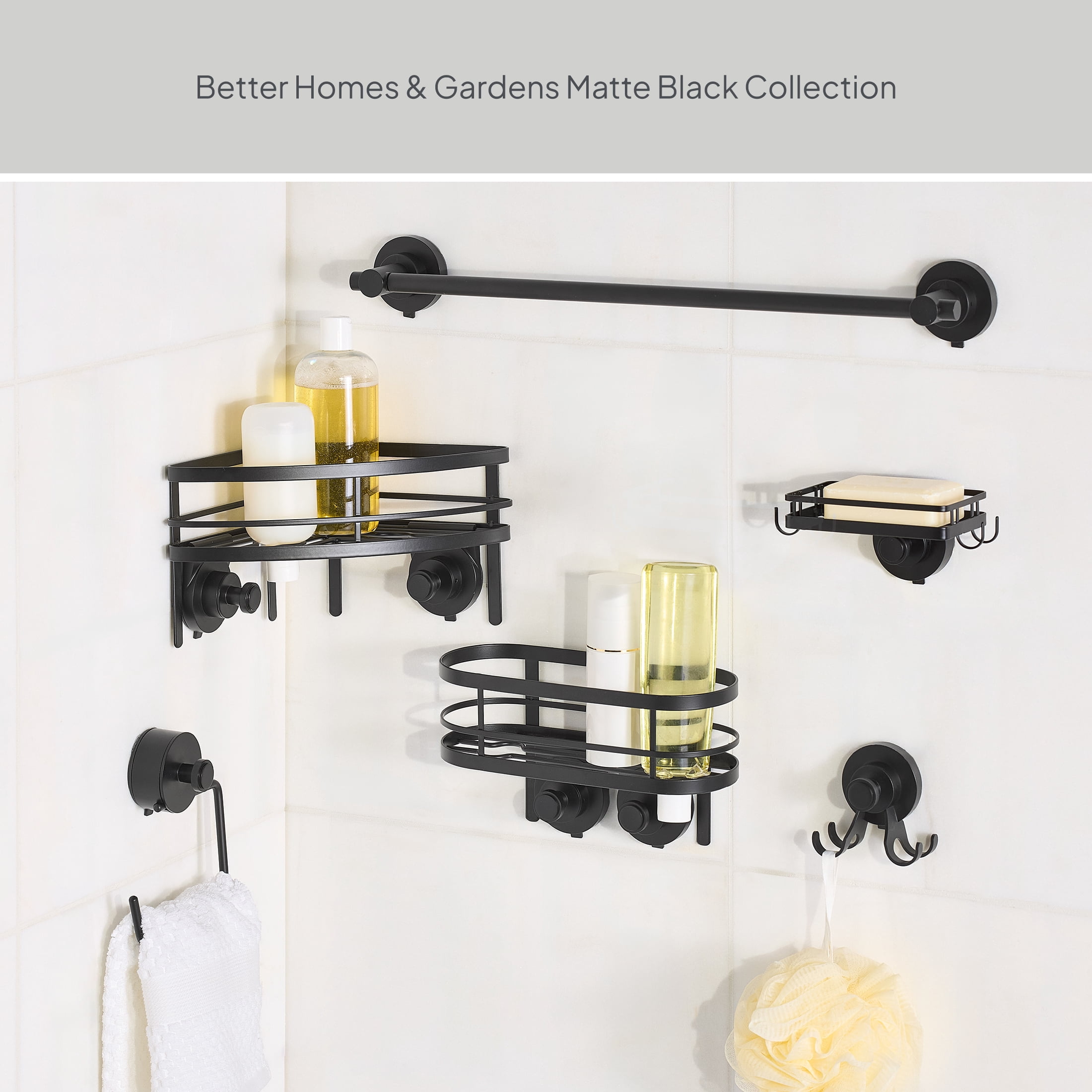 Better Homes & Gardens StyleGrip™ Suction Mount Shower Caddy with Hooks, Matte Black