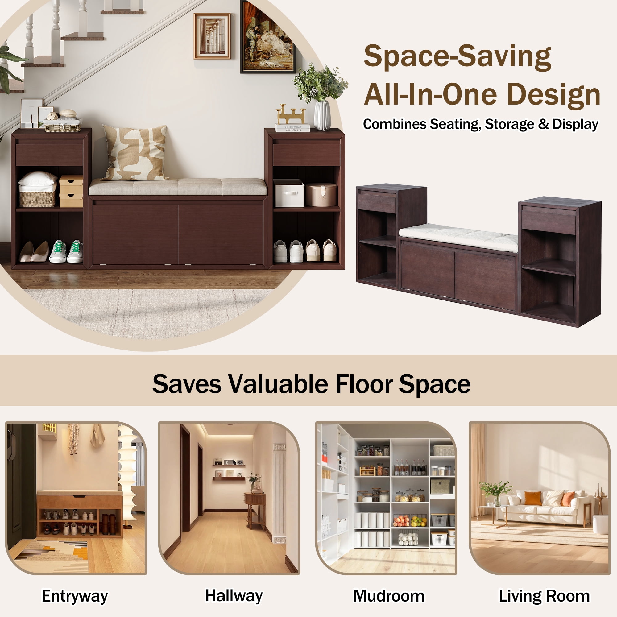 Aukfa 3pcs Storage Shoe Bench Set with Cushioned Seat, Entryway Organizer with Open Shelves & Cubbies,Espresso