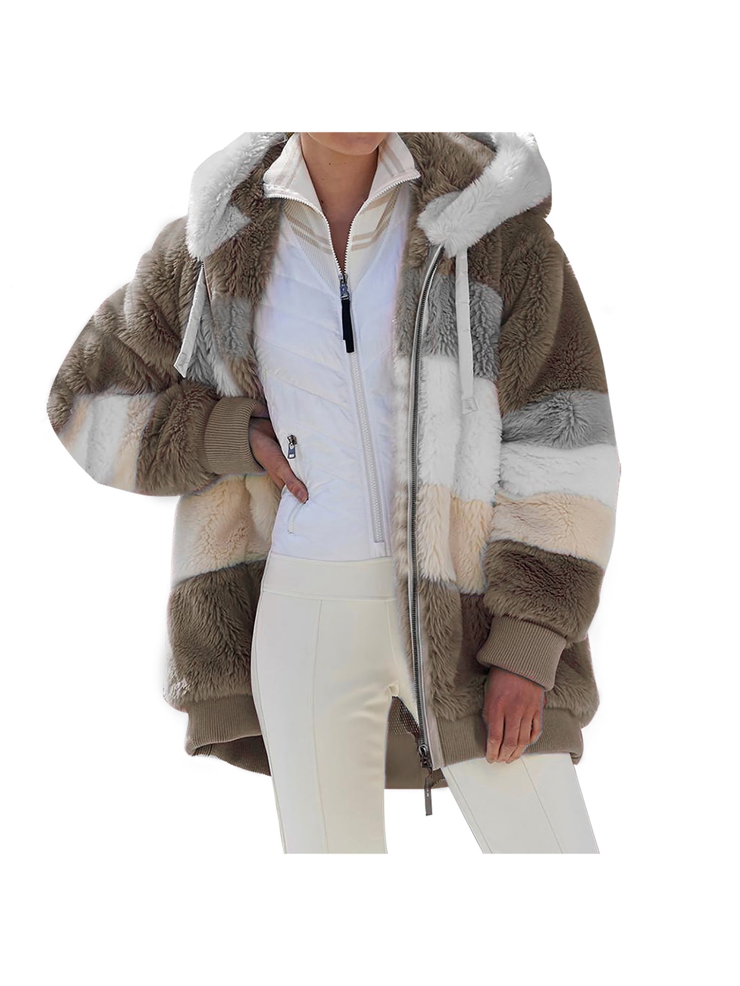 Womens Fleece Fur Coat Warm Winter Outwear Thicken Hooded Parka Overcoat Jacket 