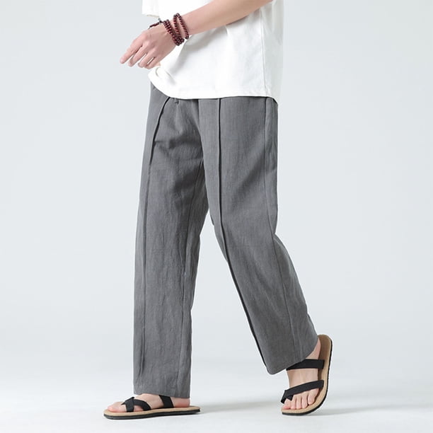 Pantalones largos para hombre, color liso, cintura elástica, tubo recto, cordón ajustable, bolsillo, pantalones casuales para hombre
