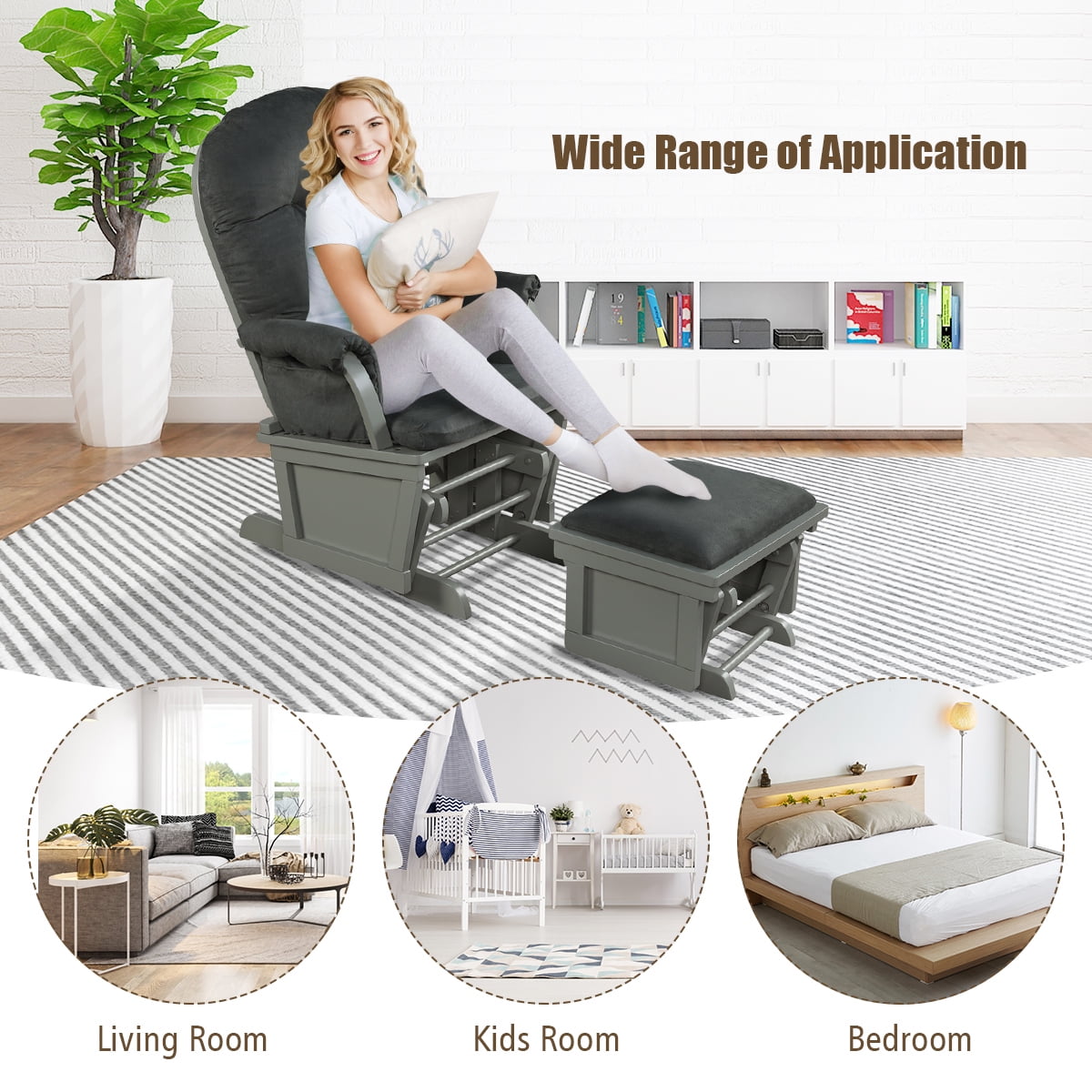 Topbuy Ergonomic Rocking Chair Baby Nursery Chair Glider with Ottoman Light Dark Grey