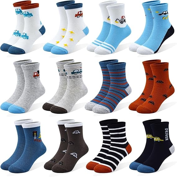 12 Pairs Boys Socks for Kids Crew Socks Cotton Cartoon Novelty Crazy for Toddler 1-7 Years Old