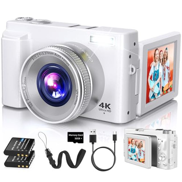 Cámara Digital 4K 48MP Última 2025 con Autofoco Pantalla Giratoria 180° de 3 Pulgadas Zoom 16X con Tarjeta SD y 2 Baterías para Vlogging YouTube Viaje Adolescentes Blanco Roto