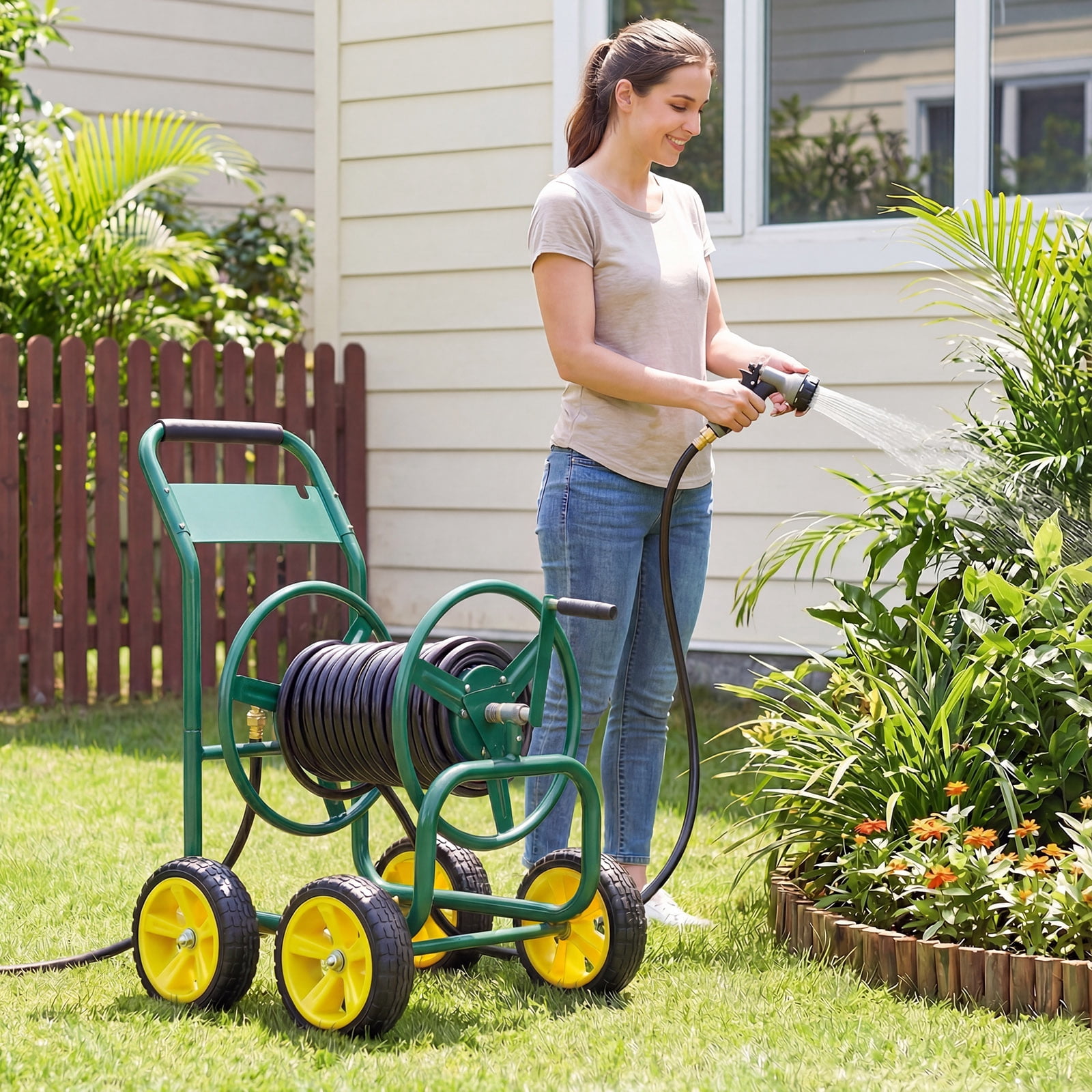Costway Garden Hose Reel Cart 4 Wheels, 330 ft 5/8” Large Capacity for Outside Yard Lawn Green