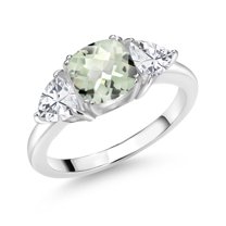 Gem Stone King 925 Sterling Silver Green Prasiolite and White Zirconia 3 Stone Engagement Ring for Women (2.94 Cttw, Gemstone Birthstone, Available in Size 5, 6, 7, 8, 9)