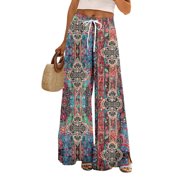 WTOBBY Women's Boho Floral Print Wide Leg Palazzo Pants Featuring High Waist Elastic Drawstring Side Pockets and Casual Summer Comfort ,Blue L