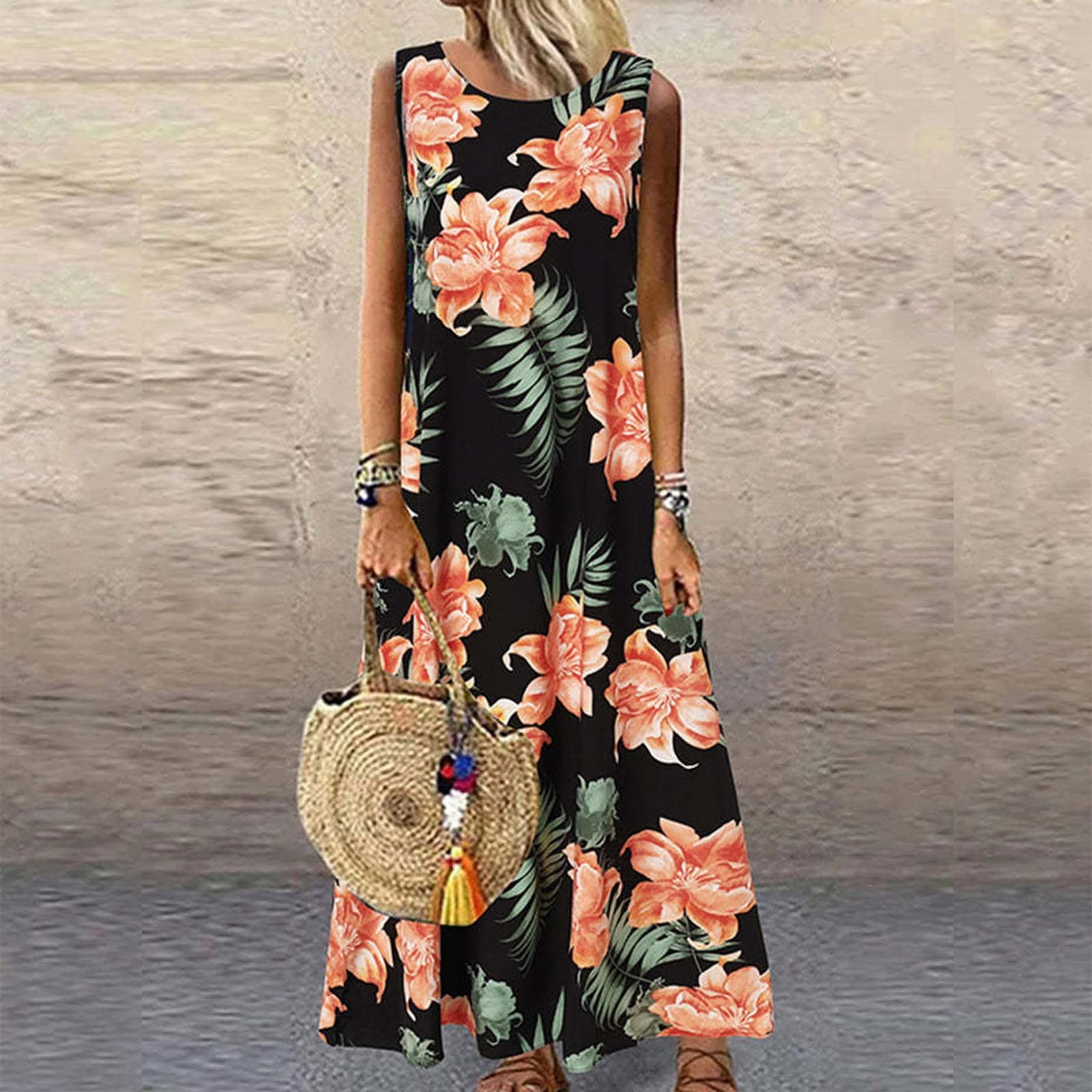 Edchen Women Plus Size Bohemian O-Neck Floral Print Vintage Sleeveless Long  Maxi Dress - Walmart.com