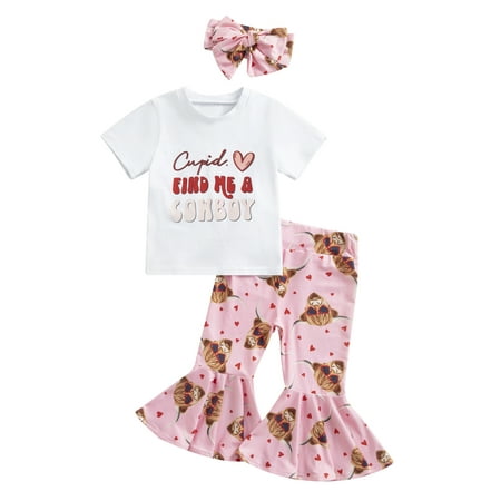 

wybzd Toddler Baby Girl Clothes Letter Print Short Sleeve T-shirt Cow Head Flare Pants Headband Outfits