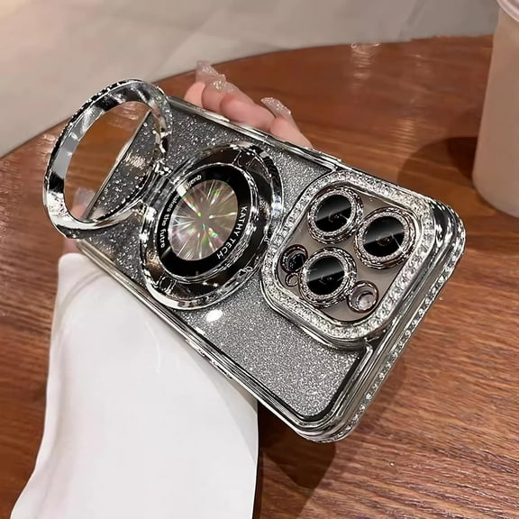 Magnetic Stand for iPhone 15 Pro Case, [Compatible with Magsafe][Built-in Camera Lens Protector] Glitter Bling Card & Soft TPU Diamonds Bumper Protection Cover for Women Girls 6.1" Silver