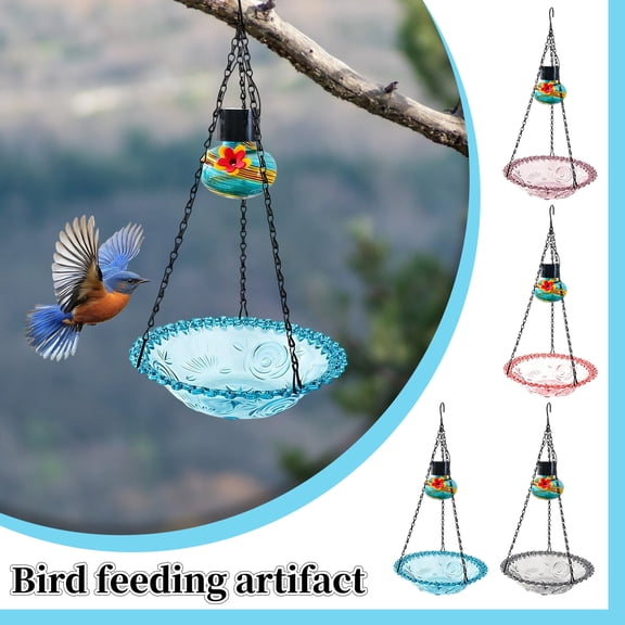 Outdoor Hanging Bird Feeder with Solar LED Light, Bird Bath & Feeding Tray, Garden Decor for Patio Yard Bird Watching (Blue)
