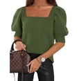 thumbnail image 2 of Solid Square Neck Women's Puff Short Sleeve Sweater Tops Rendy Casual Knit Tops, 2 of 6