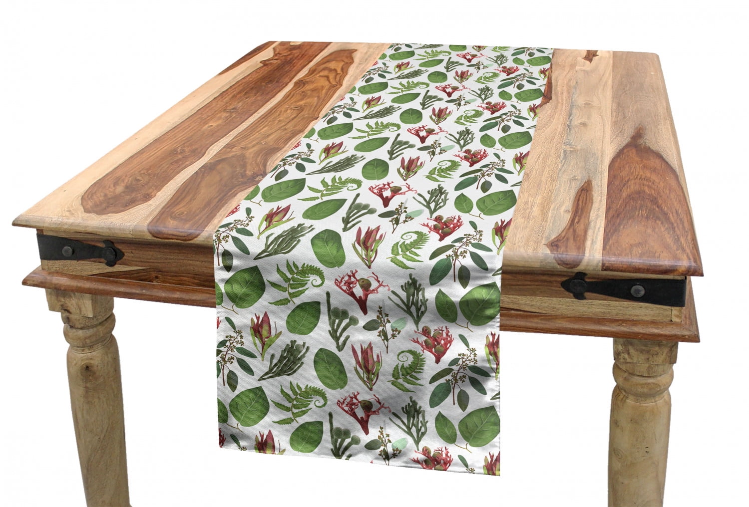 Botanical Table Runner, Scattered Various Leaves and Flowers Ferns and