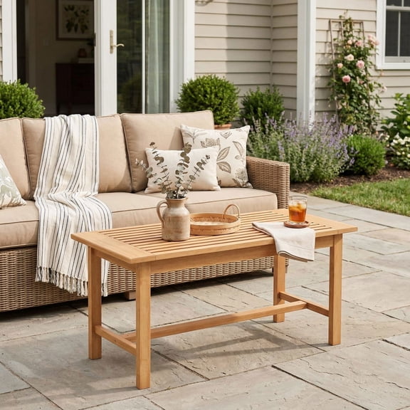 Spaco Patio Coffee Table, 36 Inch Rectangular Outside Side Table, Patio Coffee Table with Slatted Tabletop, Brown