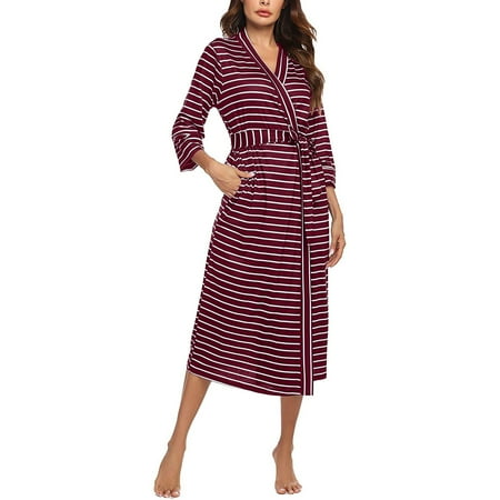 

ZZWXWB Robes For Women Women S Summer Stylish Three Quarter V-Neck Prtiped Mid-Calf Sleepwear+Belts Red Xl ac1839