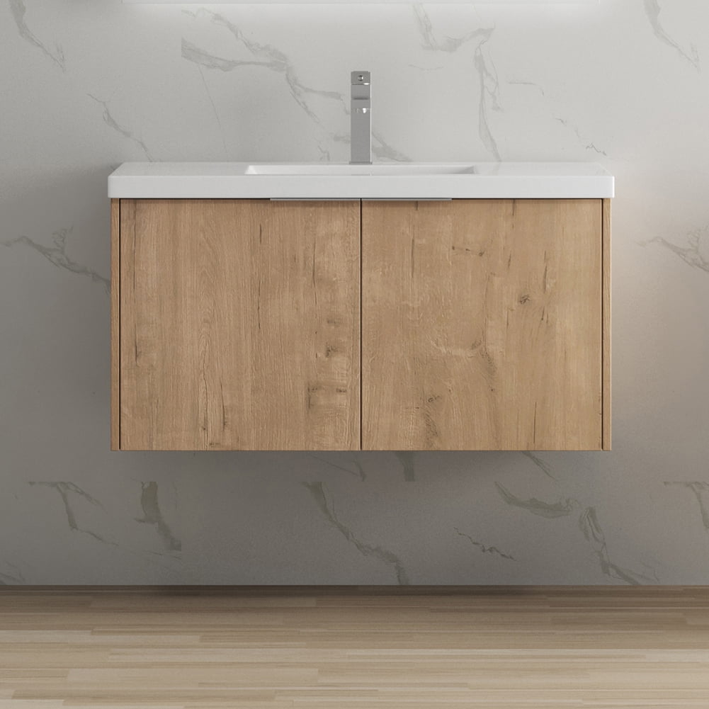 Kepooman 2 Doors Floating Wall Mounted Bathroom Vanity with Sink for Bathroom, Imitative Oak, 35 in x 18 in