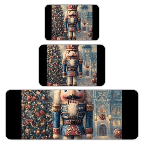 RKSupls Kitchen Rug Set 3 Piece Anti-Slip Flannel Floor Mats, Nutcracker Christmas Tree Washable Absorbent Runner Mats for Kitchen Bathroom Home Decor