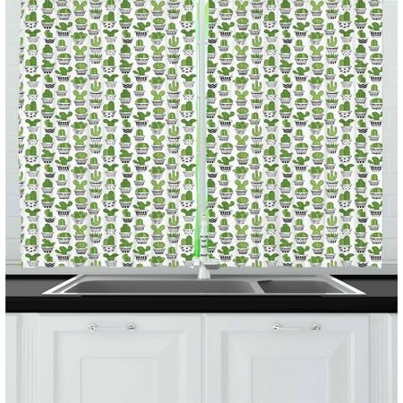 Cactus Curtains 2 Panels Set, Succulent Spiky Cacti Doodle Patterned Pots Exotic Houseplants, Window Drapes for Living Room Bedroom, 55W X 39L Inches, Charcoal Grey Apple Green White, by