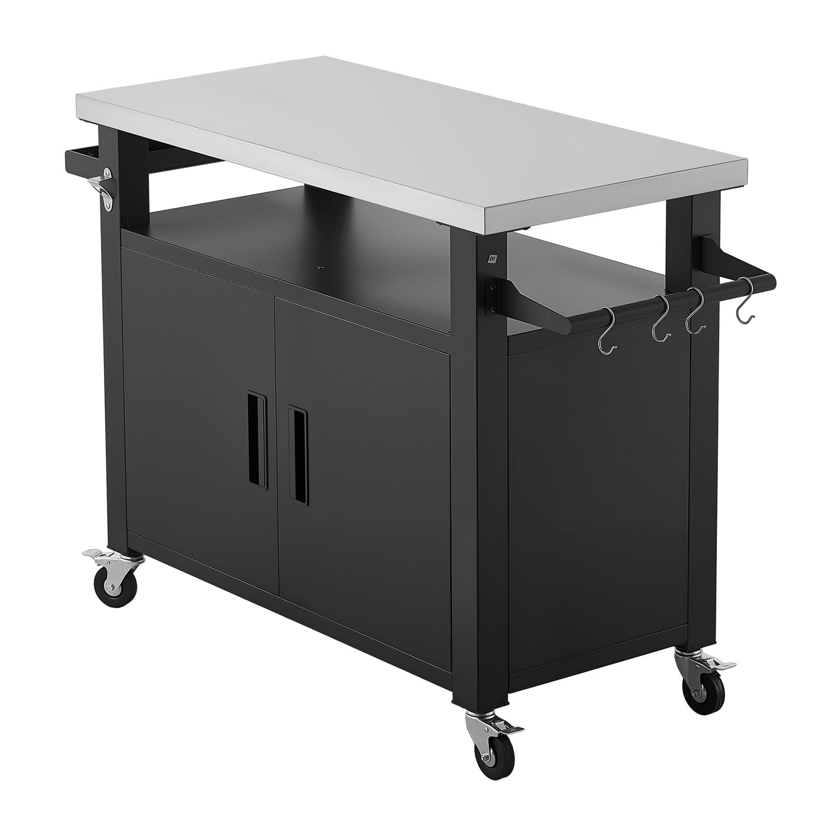 KFFKFF Outdoor Grill Cart with Storage Cabinet, 53.1-Inch Movable Kitchen Island, Waterproof Food Prep Station with Stainless Steel Top, Shelf, and Wheels for Patio, Backyard, and BBQ
