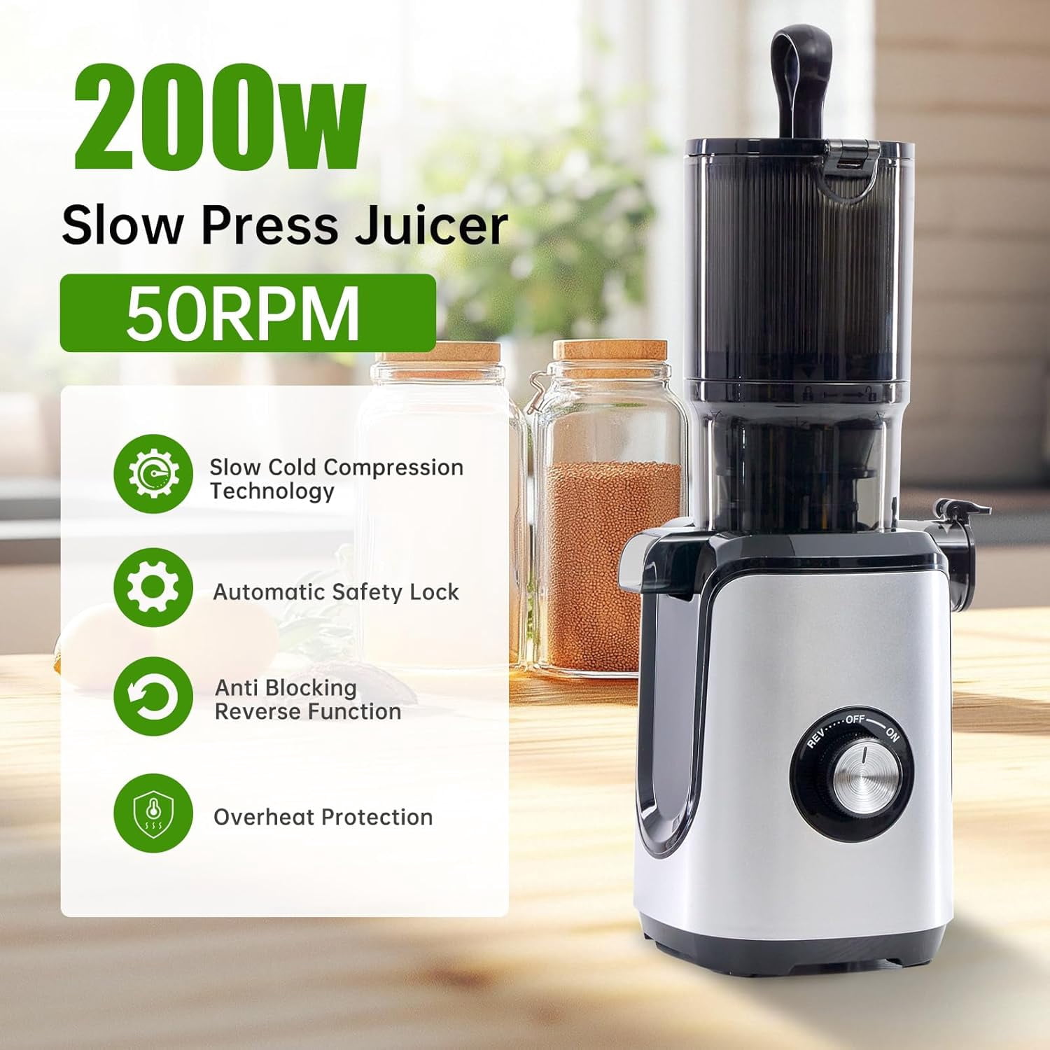 Cold Press Juicer Machines, Masticating Juicer with High  Yield, Reverse Function, Stops Oxidation and Easy to Clean for Vegetables & Fruits, Silver