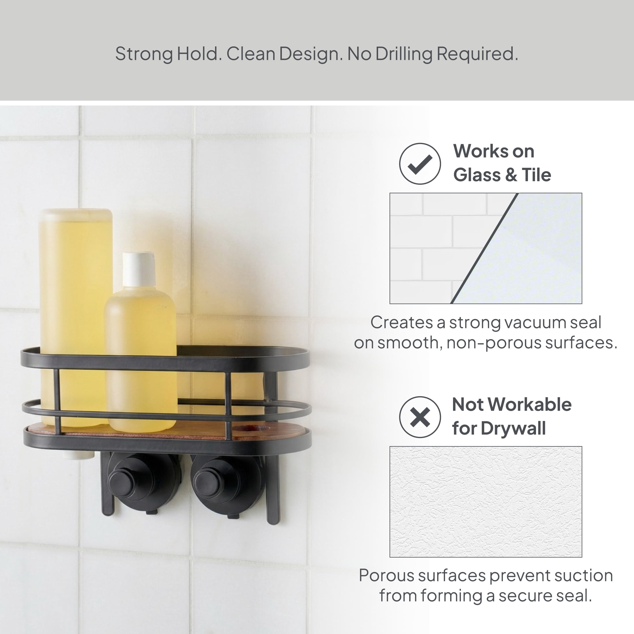 Better Homes & Gardens StyleGrip™ Suction Mount Shower Caddy with Carbonized Acacia Wood Tray, Matte Black