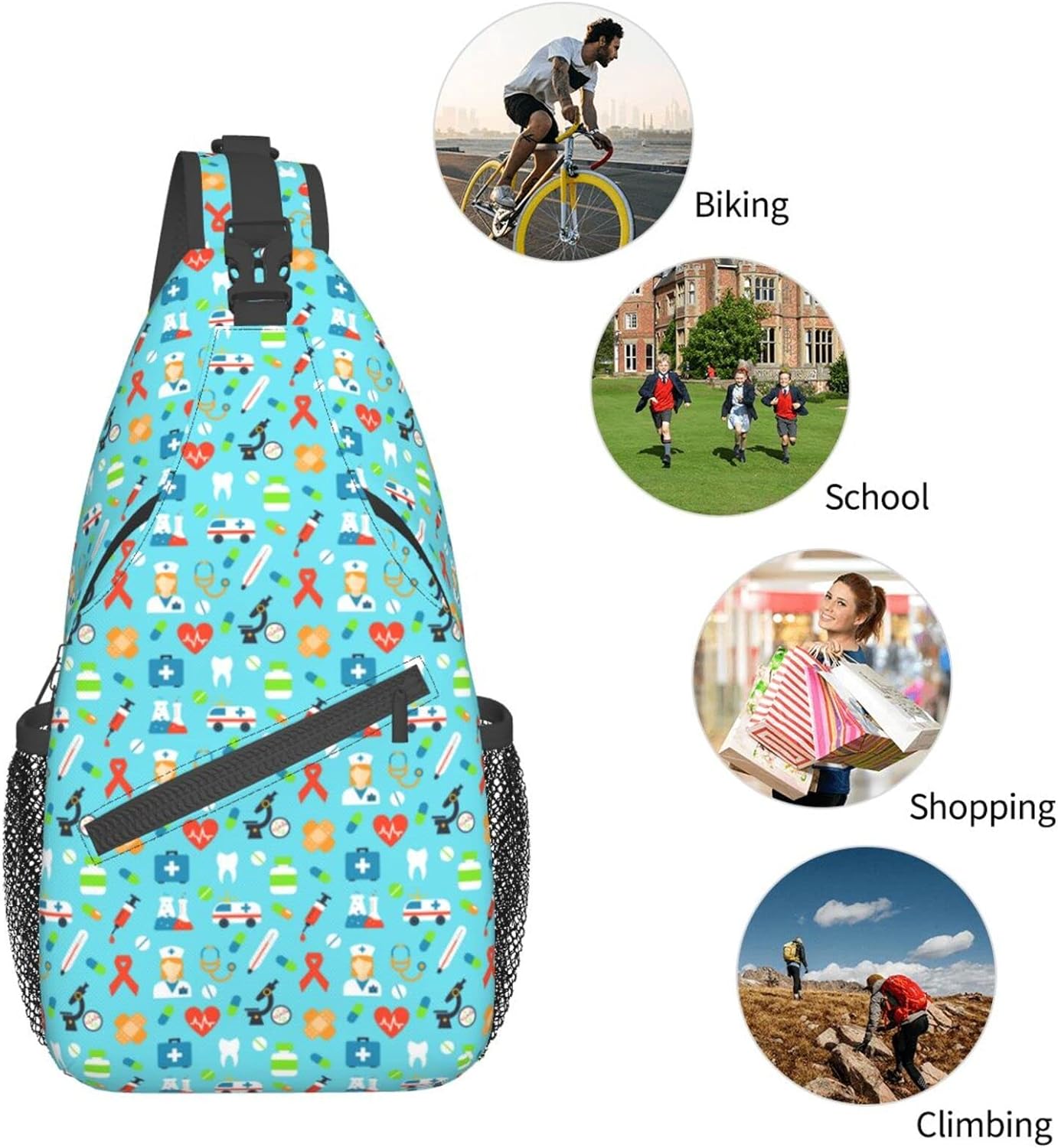 Nursing Theme Pattern Sling Bag Crossbody Hiking Travel Chest Bags Backpack Shoulder Daypack for Women Men