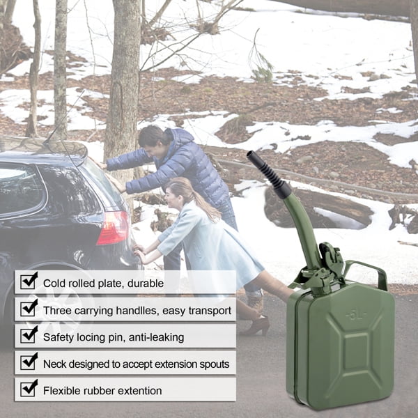 5L Army Green Military Fuel Can - American Style Oil Barrel w/ Inverted Pour Spout, 0.6mm Steel Gasoline & Diesel Storage Container, Portable