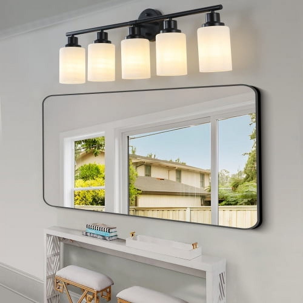 ACE-LIGHTS,Modern 5-Lights Vanity Bathroom Mirror Light with Frosted White Glass(Bulbs Not Included),Contemporary Wall Sconce for Bathroom,Dressing Room,Bedroom,Living Room(Black)