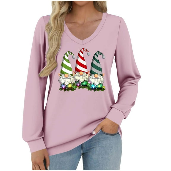asdoklhq Crewneck Sweatshirt Women's Fashionable and Casual Loose Christmas V-neck Long Sleeved T-shirt Top Pink 2X