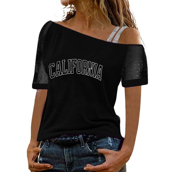 Women Printed Off Shoulder Tops Sexy Glitter Short Sleeve Shirt Blouse Tops