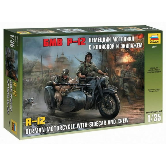 Zvezda ZV3607 German Motorcycle BMW R12 with Sidecar & Crew - Plastic Model Kit Scale 1/35 ,158 Parts