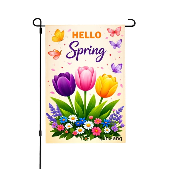 Amhnf Hello Spring Floral Garden Flag With Colorful Tulips Butterflies And Daisies For Home Outdoor Garden Yard Decor 12x18 inch