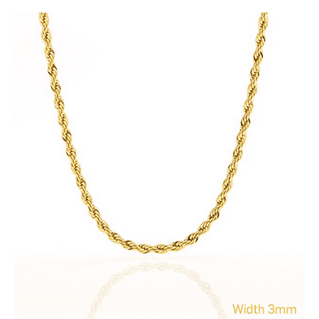 24k Layered (Rope Chain 3MM Fashion Jewelry Necklaces Made of Real 24K Gold on Semi-Precious Metals, Thick Layers Make it Tarnish Resistant, - 20