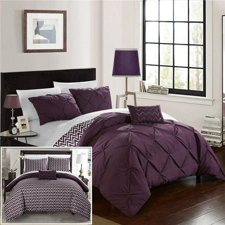 Purple Queen Bed Set Everly Pinch Pleated, Reversible Chevron Print Ruffled & Pleated Complete Bed in a Bag Comforter Set with Sheets - Purple - Full & Queen - 8 Piece ()