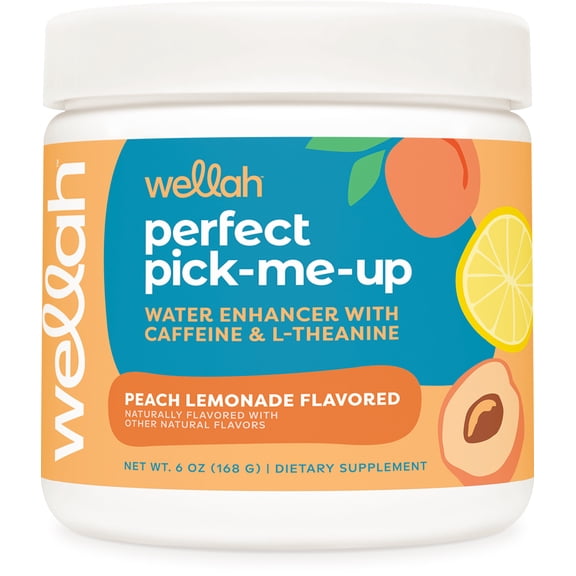 Wellah Perfect Pick-Me-Up (Peach Lemonade) 30 Servings - Water Enhancer With Caffeine & L-Theanine, Energy Boost Drink Mix