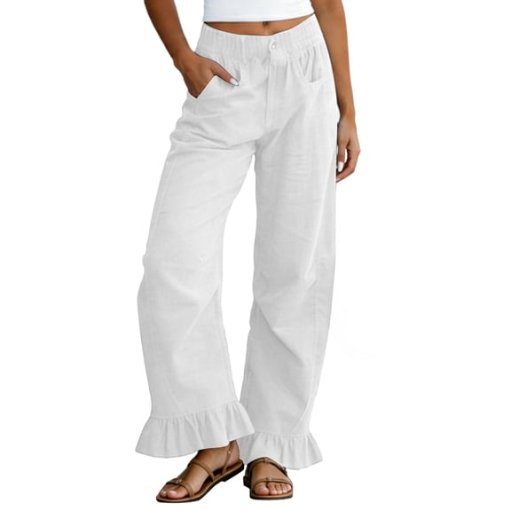 Admvng Women's Linen Pants Casual Wide Leg Ruffle Hem Elastic Waist Trousers