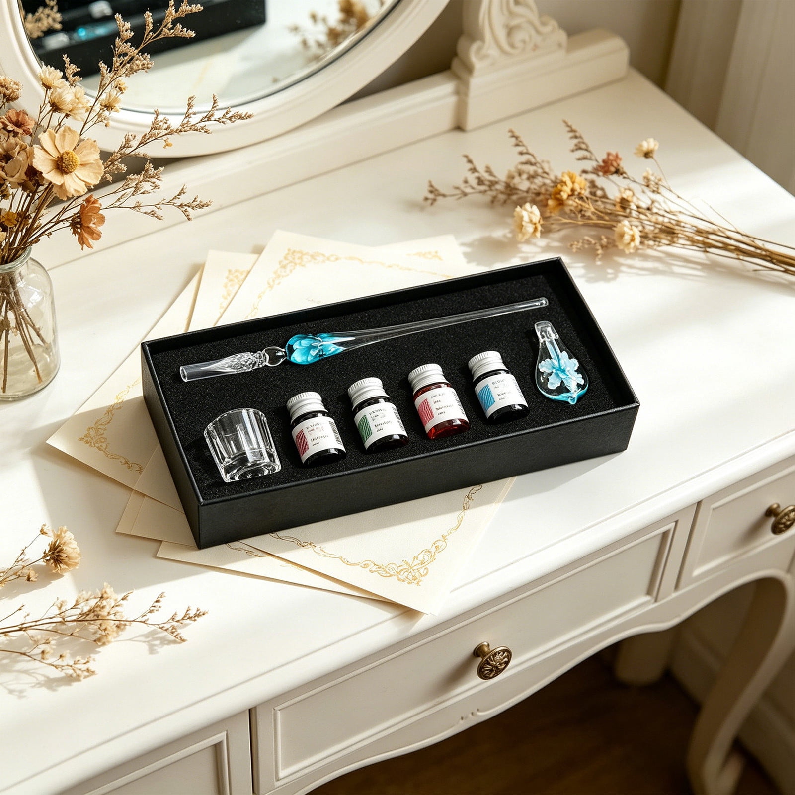 Xheghe Crystal Glass Pen Set with Ink Bottles, Brush Washing Cup & Pen Rack - Ideal Gift for Writers and Professionals