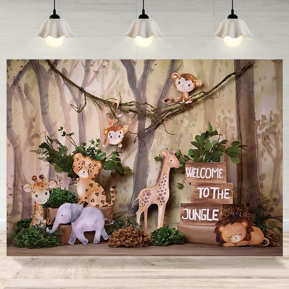 Safari Animals Backdrop Welcome to The Jungle Wooden Photography Background Cartoon Forest Birthday Baby Shower Party Decorations Banner Supplies Photo Booth Props