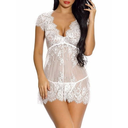 

Grianlook Women Nightwear 2 Pieces Lingerie Set Deep V Neck Babydoll Ladies See Through Sleepwear Teddy Lace Chemise White M