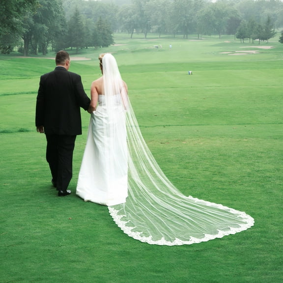 STOBOK Elegant White Lace Wedding Veil with Floor Length and Metal Comb for Bridal Accessory