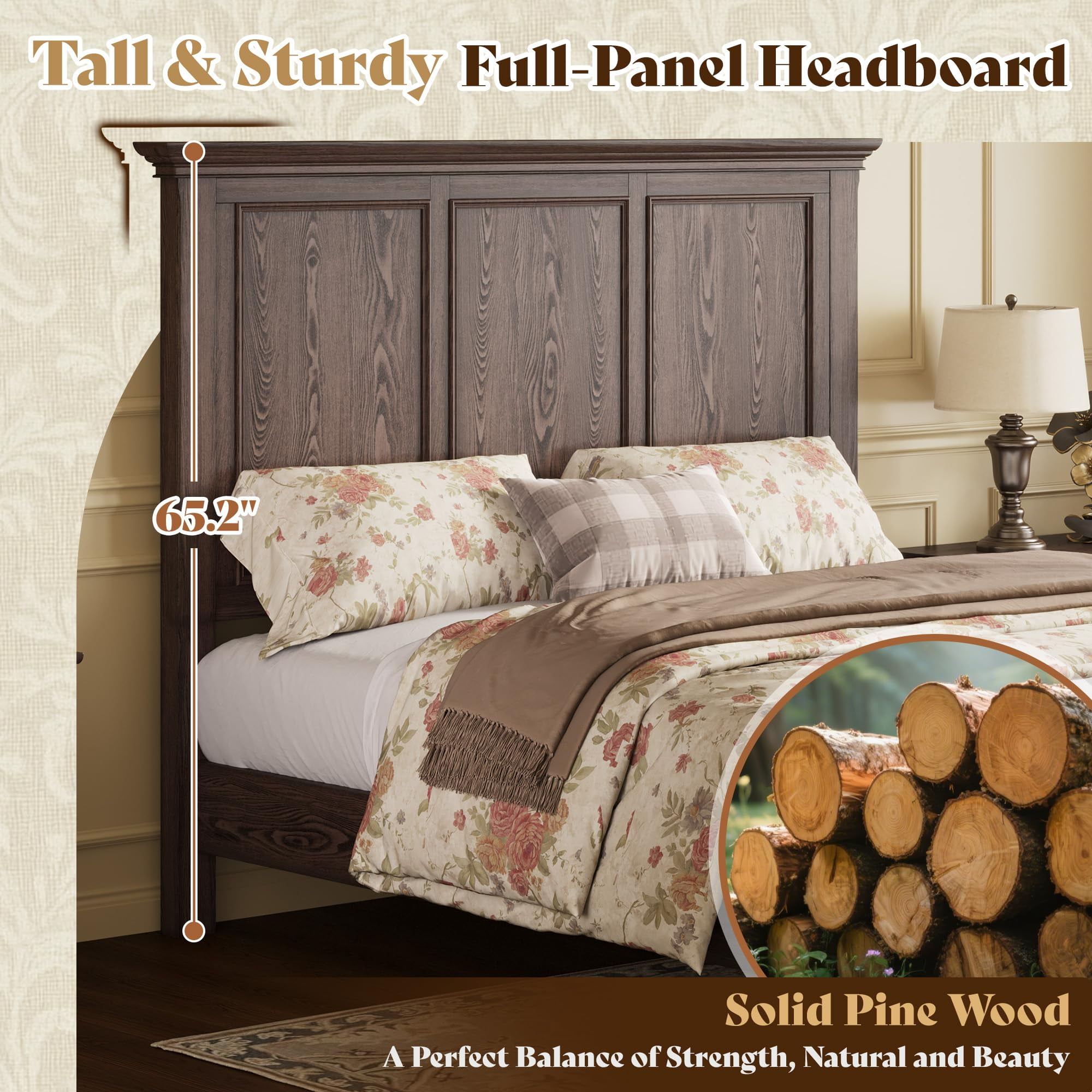 Amerlife Solid Wood King Bed Frame with 65.2" High Headboard, Traditional Platform Bed with Heavy Duty Slats, Easy Assembly, Dark Brown