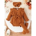 thumbnail image 2 of Bslissey Baby Girls 3Pcs Outfits Solid Color Long Sleeve Crew Neck Ruffled Romper + Bow Headband + Socks Sets 3M 6M 12M 18M Newborn Infant Cute Daily Clothes, 2 of 8
