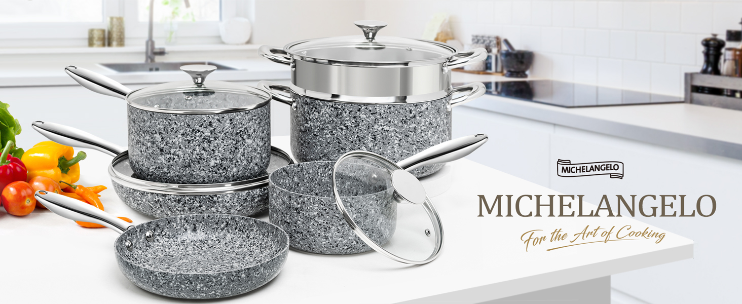 MICHELANGELO Stone Cookware Set 10 Piece, Ultra Nonstick Pots and Pans Set with Granite Coating, Kitchen Cookware Sets, Stone Pots and Pans Set, Granite Pots and Pans Set - 10 Piece