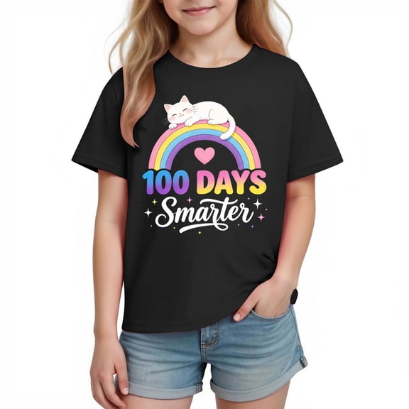 100 Days of School Shirt for Boys, Cute Cat Rainbow Graphic 100 Days Smarter Tee, Soft Cotton Tee 100th Day Celebration 3-10 Years, Black,Size 5 T