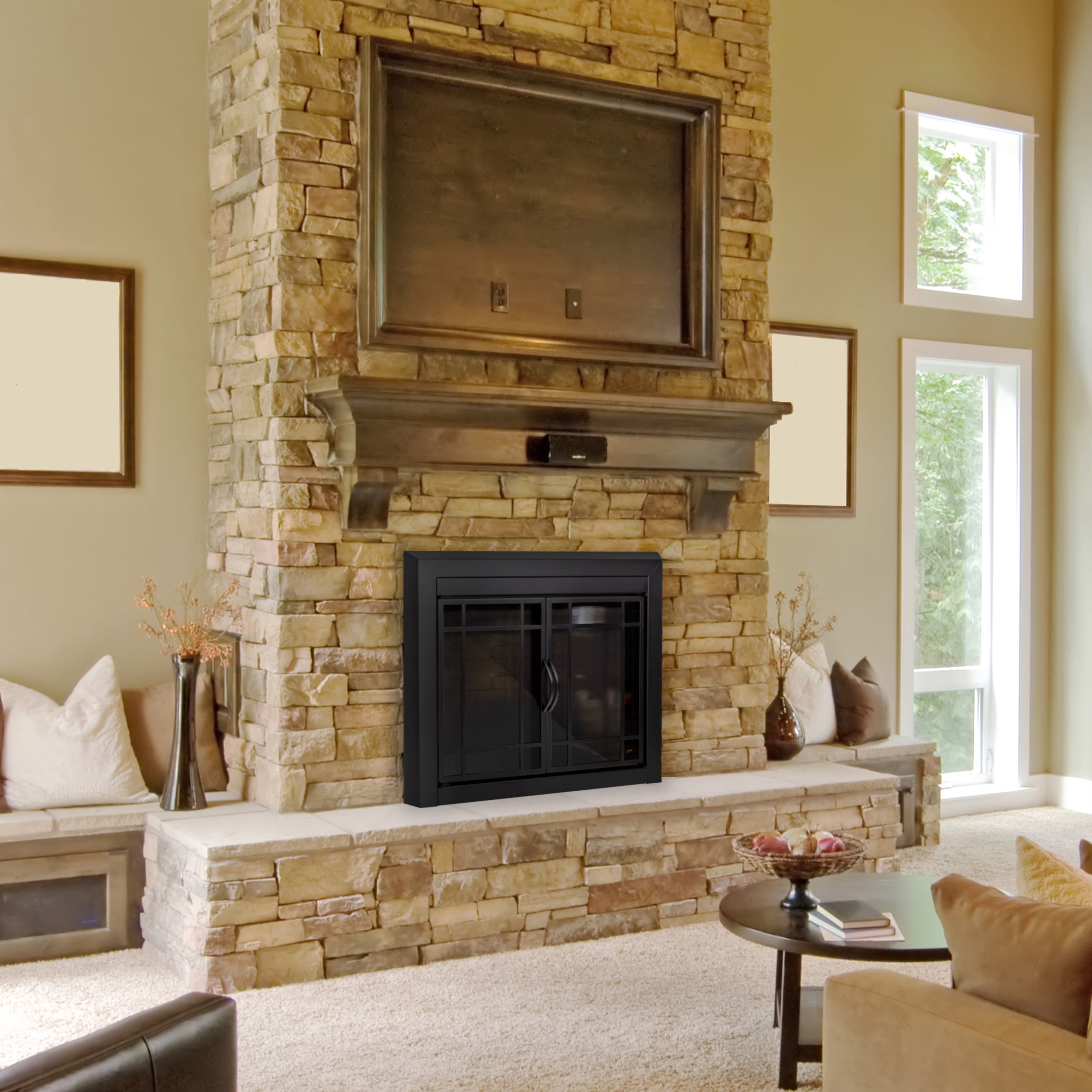Pleasant Hearth Easton Black Fireplace Glass Firescreen Doors - Large