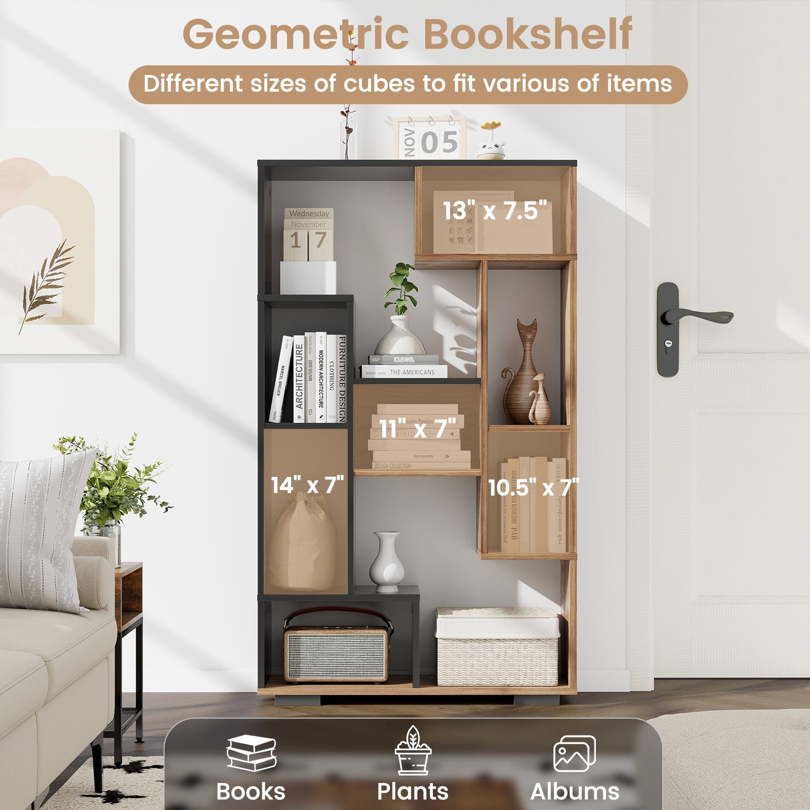 Giantex Geometric Bookshelf, 47 Inch Tall Bookcase w/Multiple Open Shelves, Freestanding 9 Cubes Bookshelf Storage Display, Black
