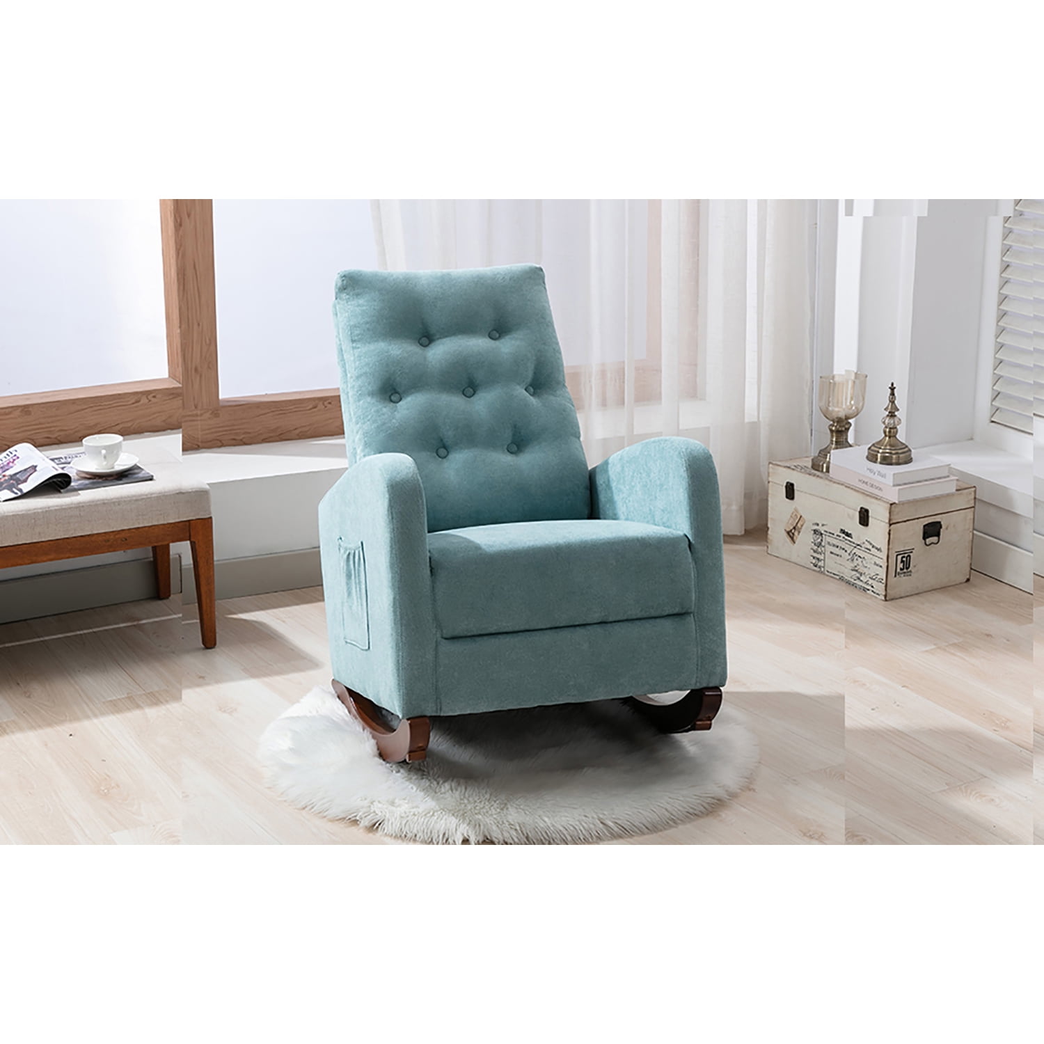 Kadyn High Back Rocking Chair, Modern High Back Armchair for Living Room, Velvet Rocking Chair with Side Pockets, Mint Green Kadyn High Back Rocking Chair, Modern High Back Armchair for Living Room, Velvet Rocking Chair with Side Pockets, Mint Green